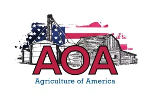 Agriculture of America (AOA) logo featuring a barn and grain silo with an American flag backdrop.