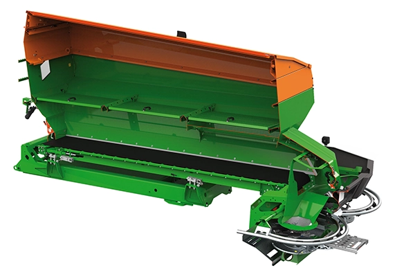Cutaway diagram of Amazone ZG-TS spreader highlighting internal fertilizer delivery system, twin disc spreaders, and agitator design.