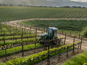 Fendt 200 V/F/P Vario tractor navigating vineyard rows, ideal for specialty crops and narrow-row farming efficiency.