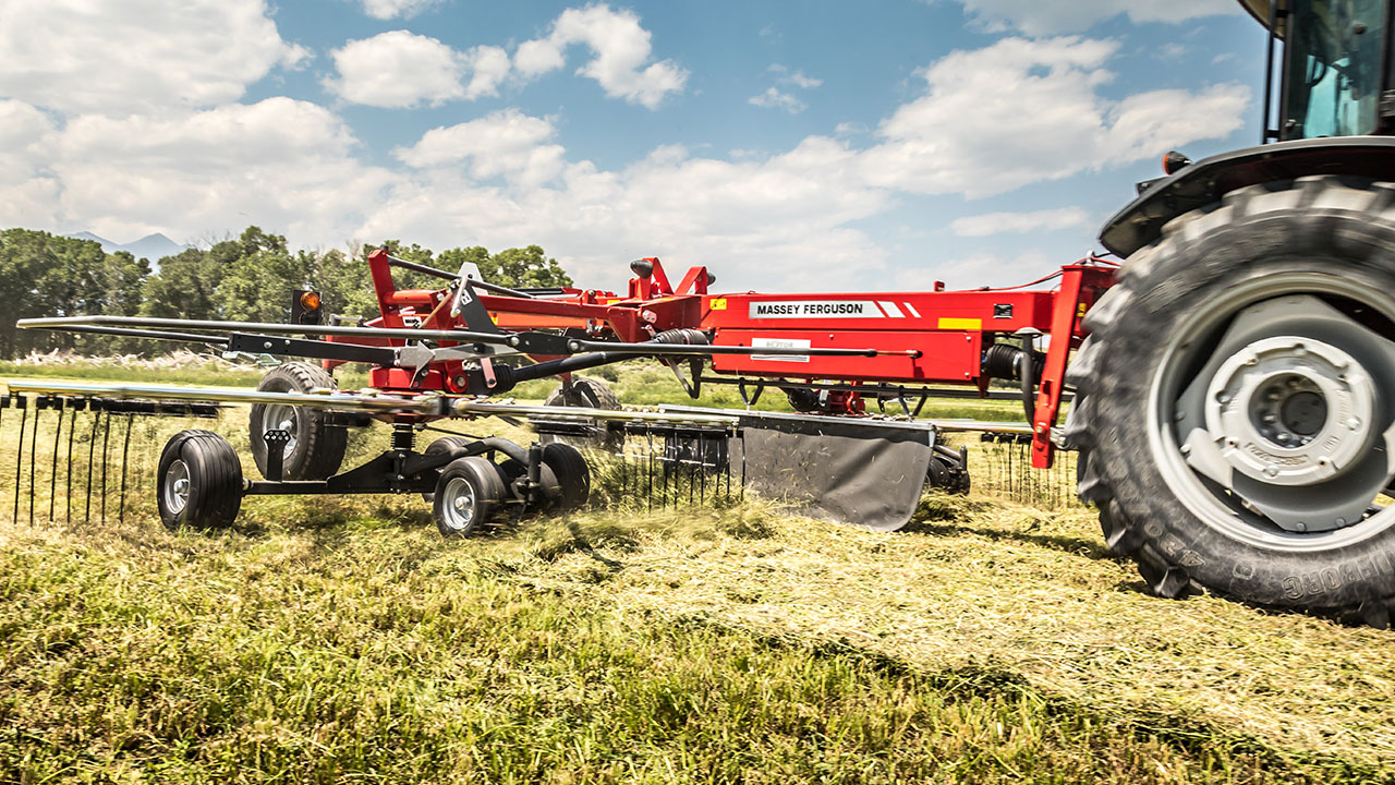 Massey Ferguson rotary rake in action, efficiently gathering hay for baling in a sunny field.