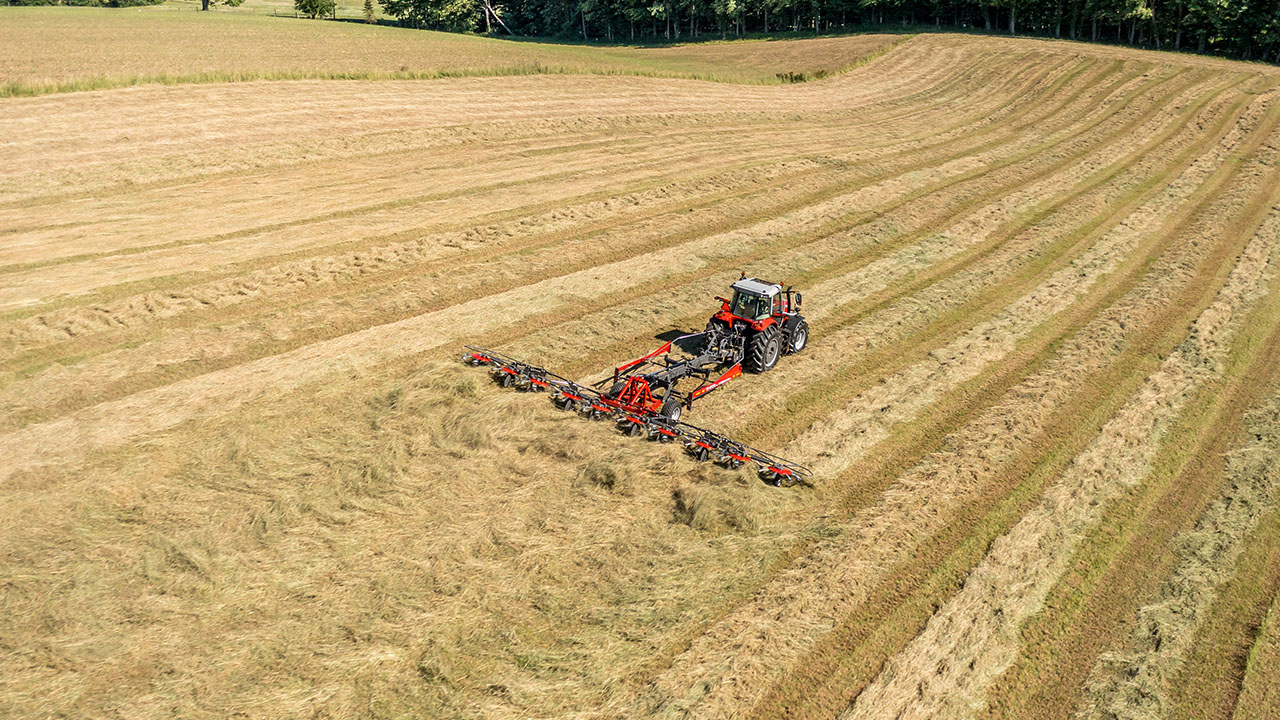 Massey Ferguson tractor operating MF TDX Series Tedder in hayfield, spreading cut crop for faster, even drying and forage quality.
