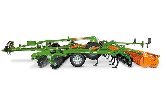 Side view of Amazone Ceus 6000-2TX Super cultivator combining disc and tine components.