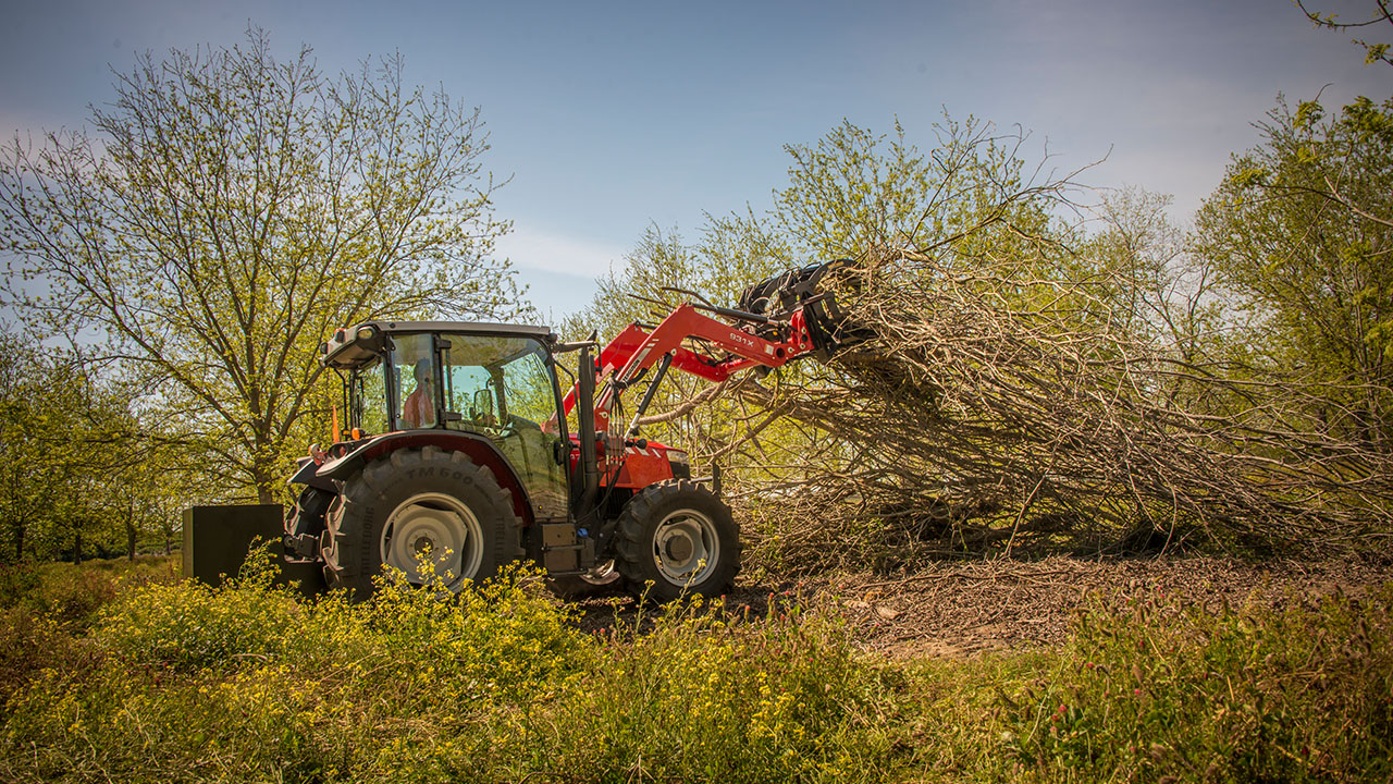 Massey Ferguson 4700 Series tractor clearing brush, built for rugged land management and heavy lifting tasks.