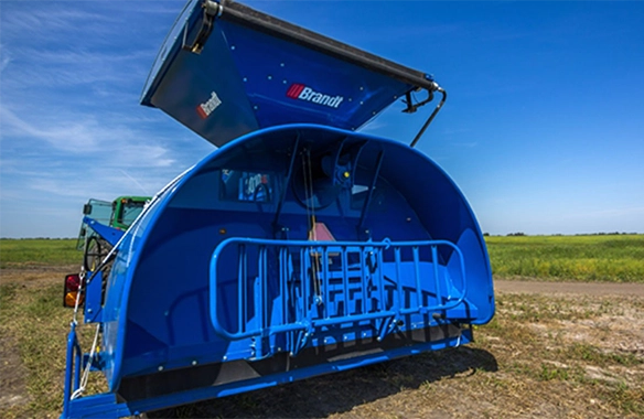 Brandt GrainBagger with high-capacity hopper, providing efficient grain transfer and storage in the field.