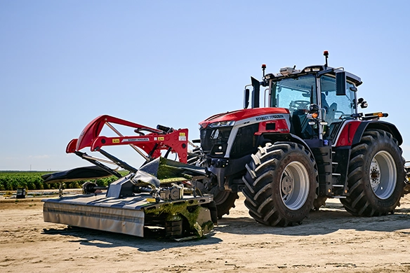 Massey Ferguson DM367 Front Mower attached to Massey Ferguson tractor ready for field work.