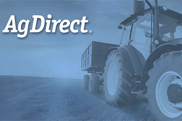 AgDirect logo over a stylized blue-toned tractor in a rural field setting