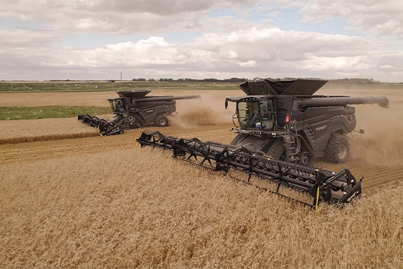 Fendt IDEAL combines with Geringhoff draper headers, working side by side for efficient, high-volume grain harvesting.