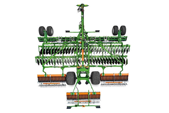 Top-down view of Amazone CatrosXL 8003-2TX high-performance compact disc harrow showcasing dual roller and disc configurations for large-scale field tillage.