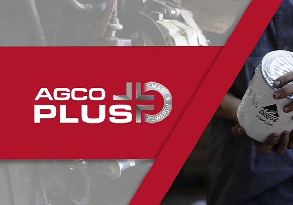 AGCO Plus+ Smart Rewards promotional image featuring technician holding an AGCO part filter with bold branding.