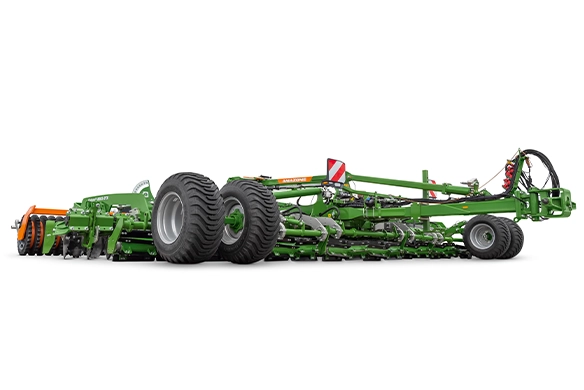 Amazone CatrosXL 8003-2TX folded in transport position with hydraulic system and large transport tires for road readiness.